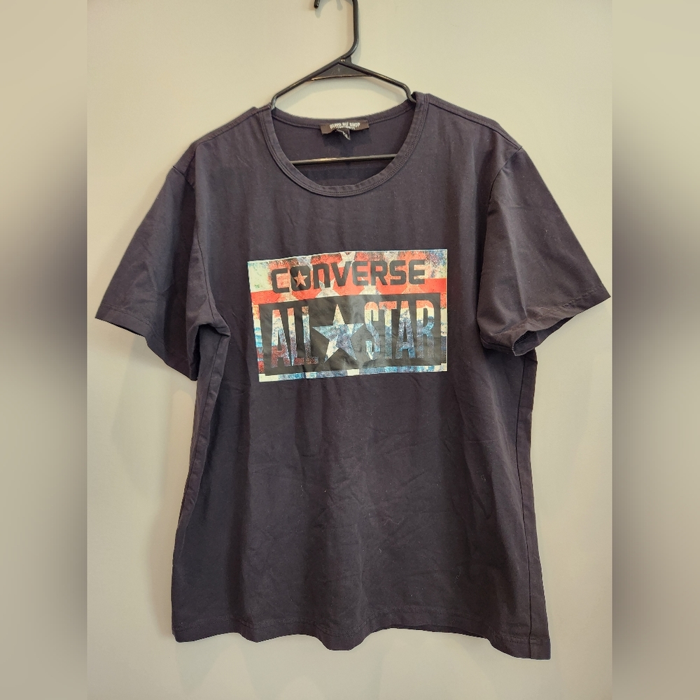 CONVERSE all star men's XL black graphics shirt "chucks" 27" long 19" pit to pit